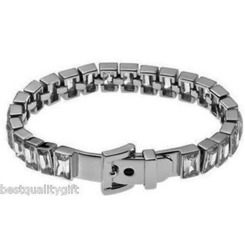 Michael Kors Silver Tone Rectangle Links+crystals+belt Tennis Bracelet MKJ1755