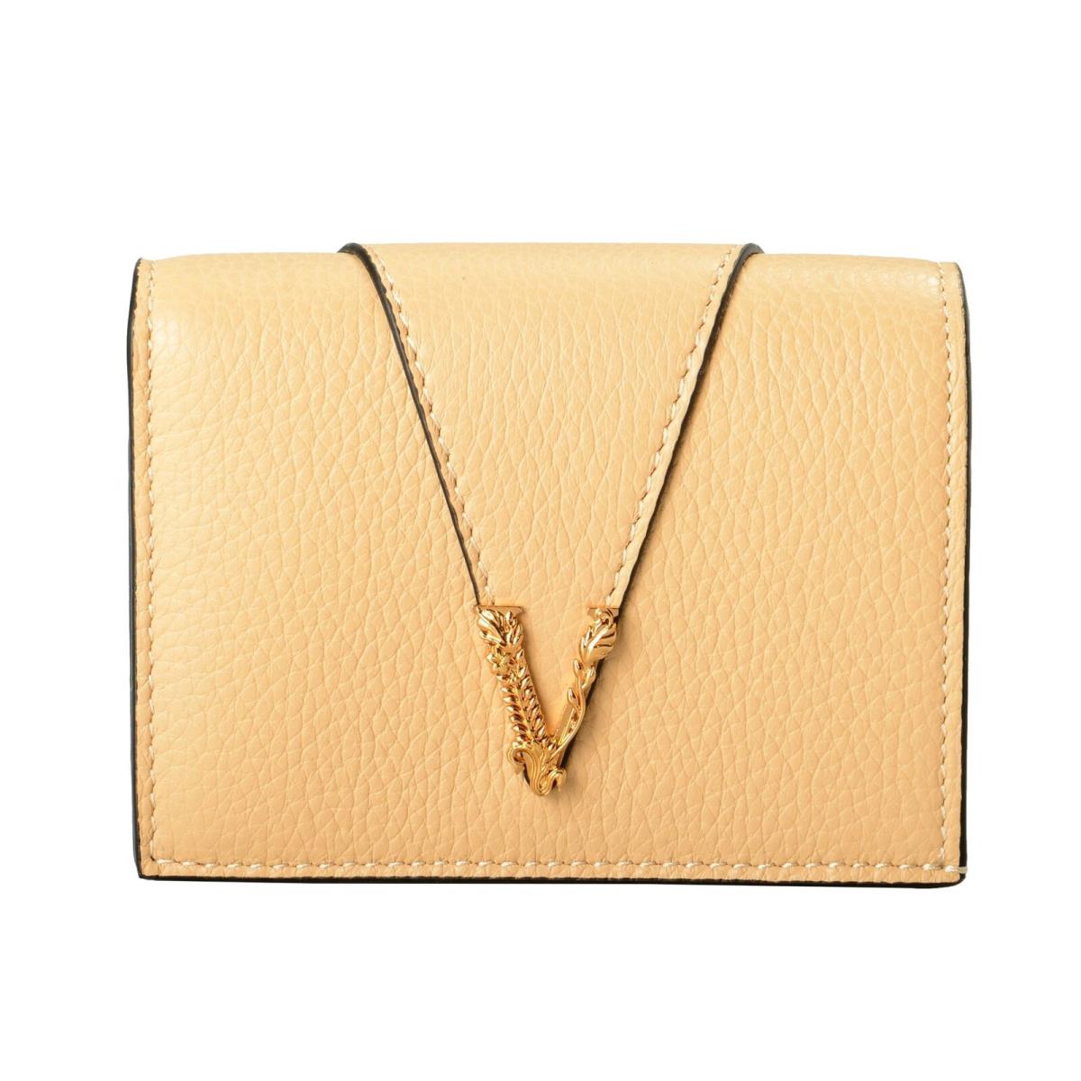 Versace Women`s Gold V Logo Beige Leather Card Case Compact Wallet
