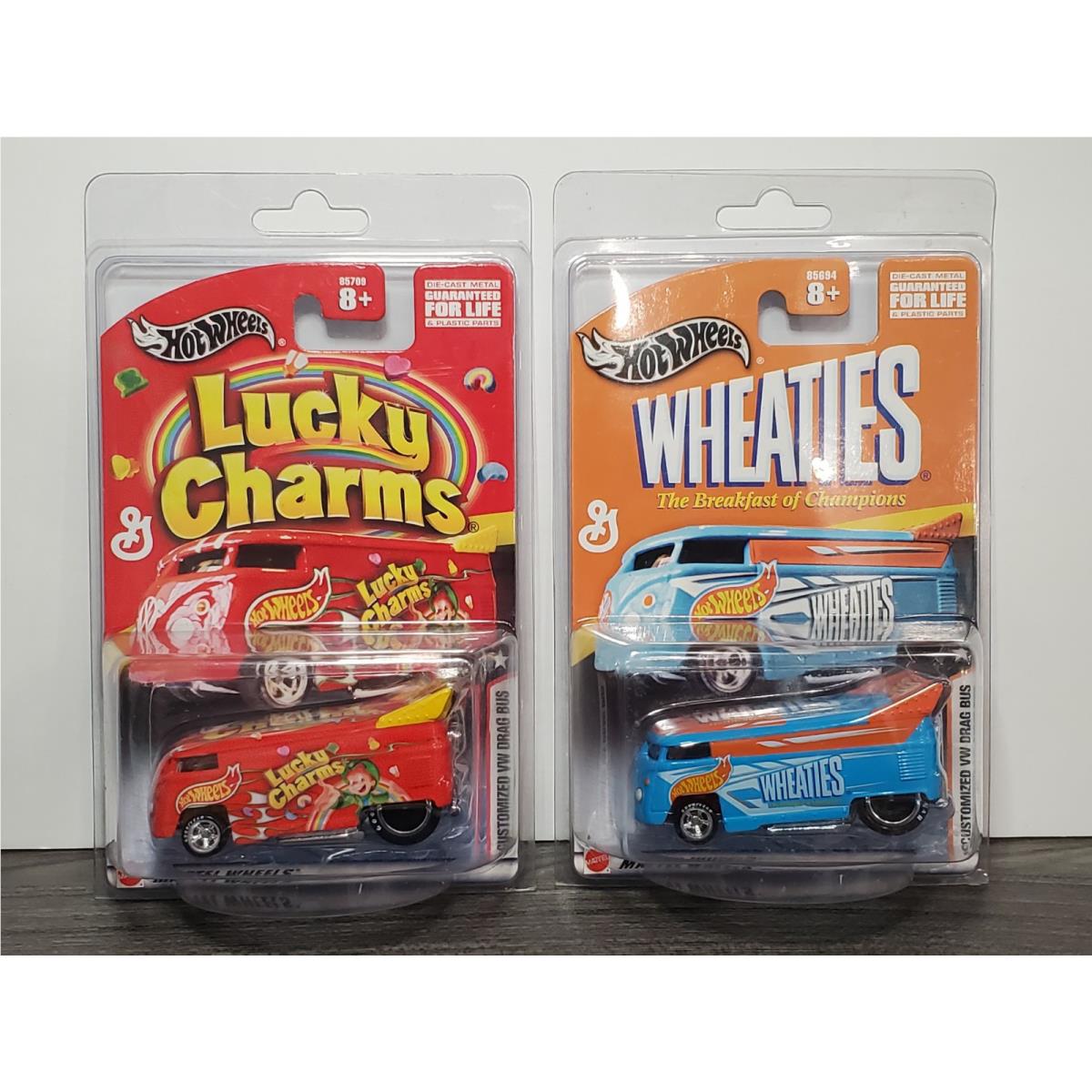 Hot Wheels 2-Car Customized VW Drag Bus Lucky Charms Wheaties in Protectors