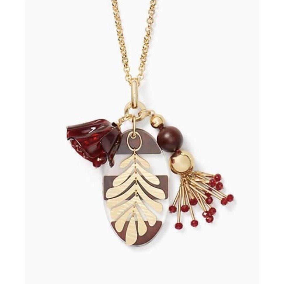 Kate Spade Slice of Stone Floral Necklace Red Gold Wood KSJ1