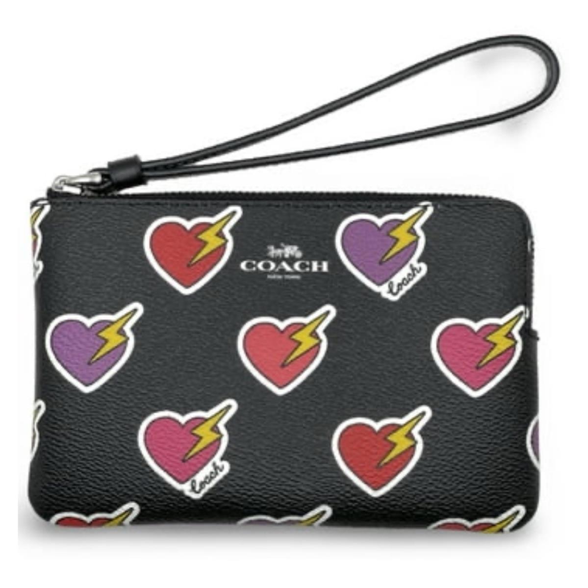 Coach Women s Corner Zip Wristlet with Heart Bolt Print Black