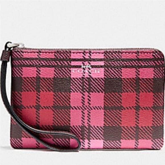Coach F22632 Corner Zip Wristlet with Shadow Plaid Print Sv/mrv