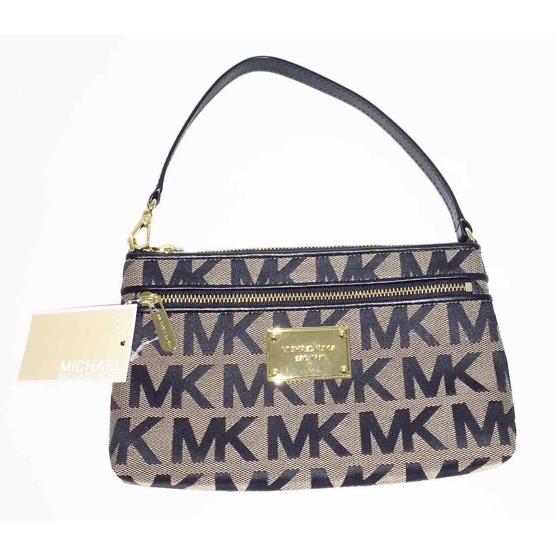 Michael Kors Jet Set Black Beige Signature Jacquard LG Wristlet Bag Clutch