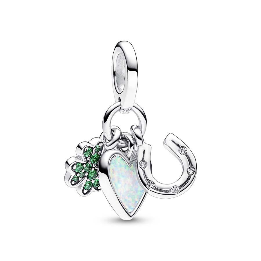 Pandora Four Leaf Clover Heart and Horseshoe Triple Dangle Charm
