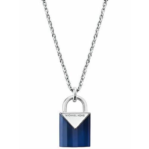 Michael Kors Silver Chain+blue Semi Precious Padlock Key Charm Necklace