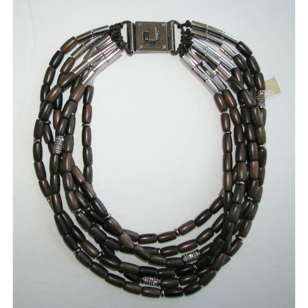 Michael Kors Safari Glam Silver+wood Bead+crystal Multi-strand NECKLACE-MKJ1586