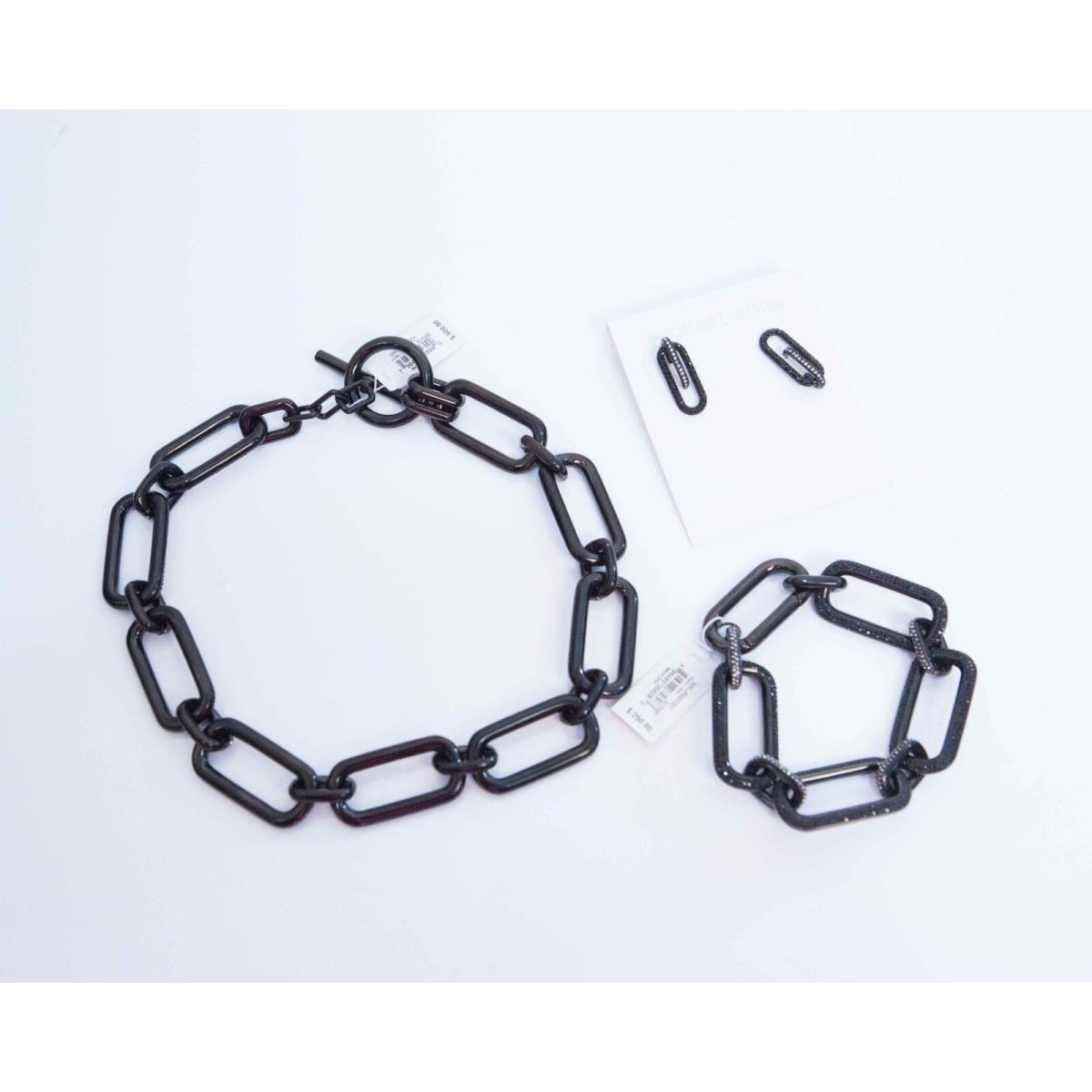 Michael Kors Iconic Links Pave Crystal Black Necklace Bracelet Earrings