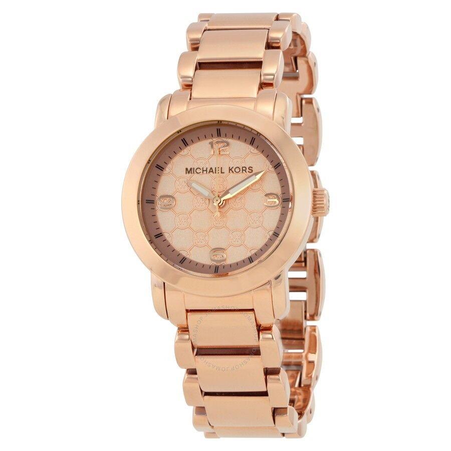 Michael Kors Runway Rose Gold Tone Monogram Dial Bracelet Small Watch MK3159 - Pink Dial, Pink Band