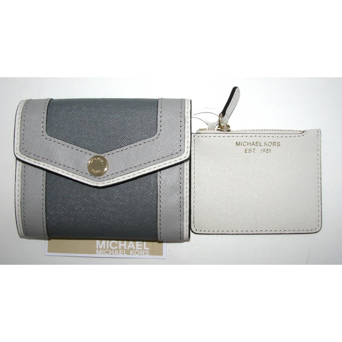 Michael Kors Saffiano Overlay Slate Grey Gray Leather MD Carryall Wallet Fash Brands