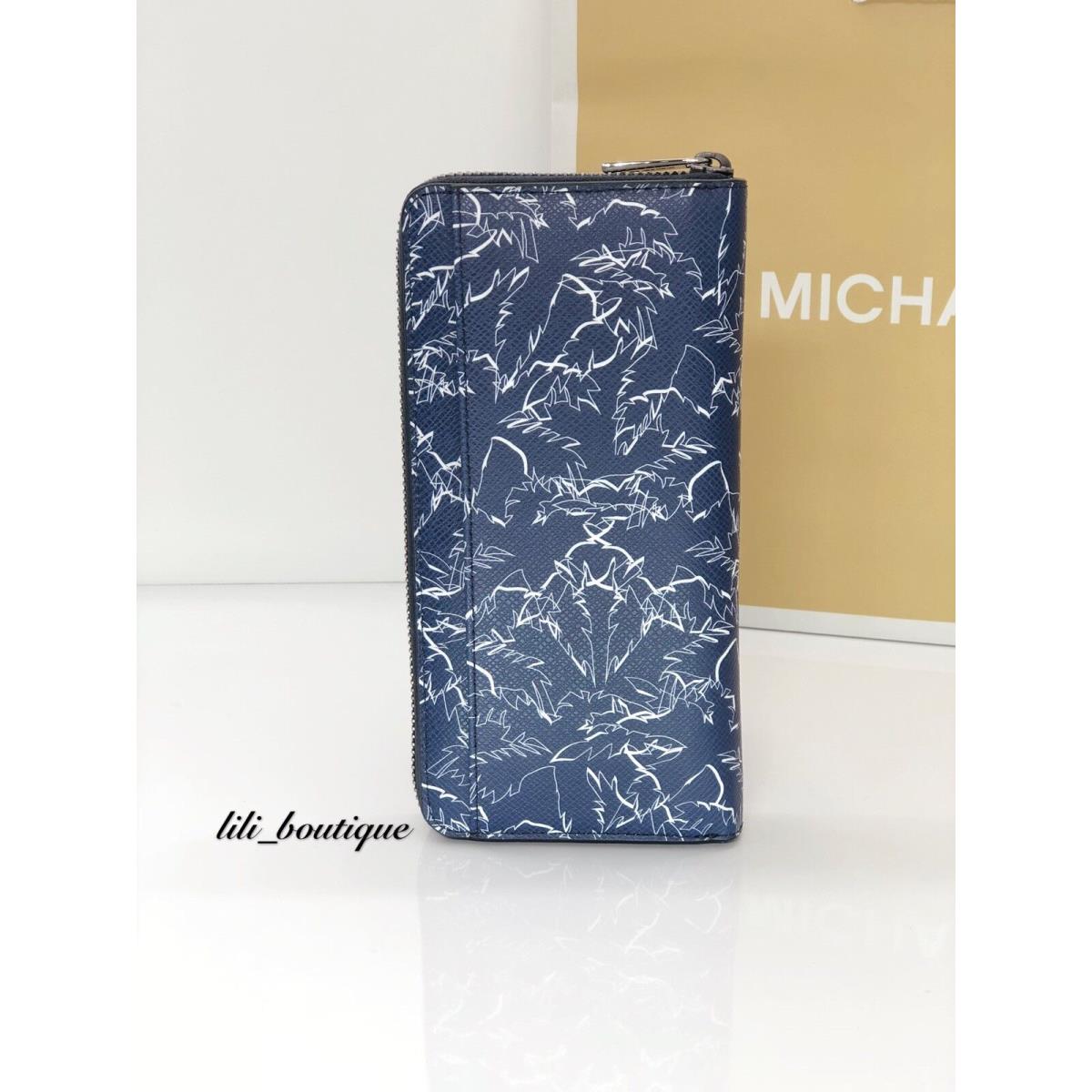 Michael Kors Mens Grant Tech Zip Around Wallet Leather Palm Tree Navy