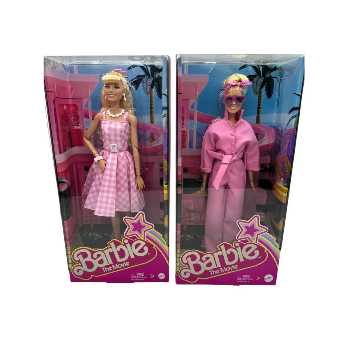 2 Barbie The Movie Dolls Margot Robbie Pink Gingham Dress Pink Power Jumpsuit
