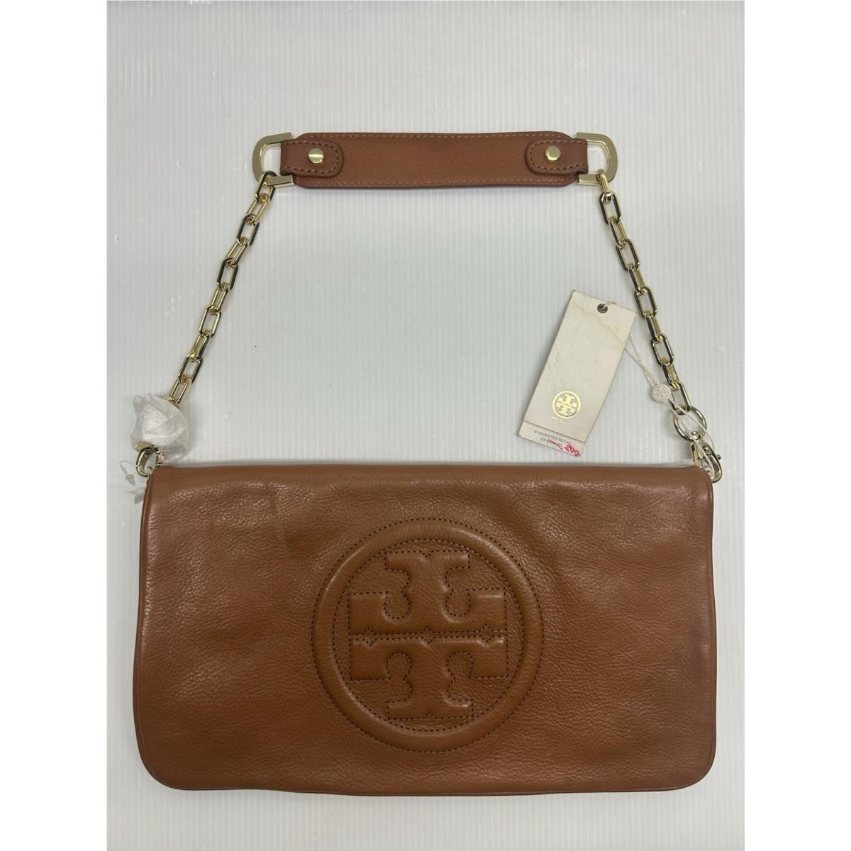 Tory Burch Reva Logo Clutch Flap Caramel Bag Leather Gold Cha
