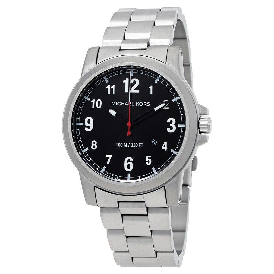 Michael Kors Paxton Silver Tone Black Dial Red Accent Bracelet WATCH-MK8500