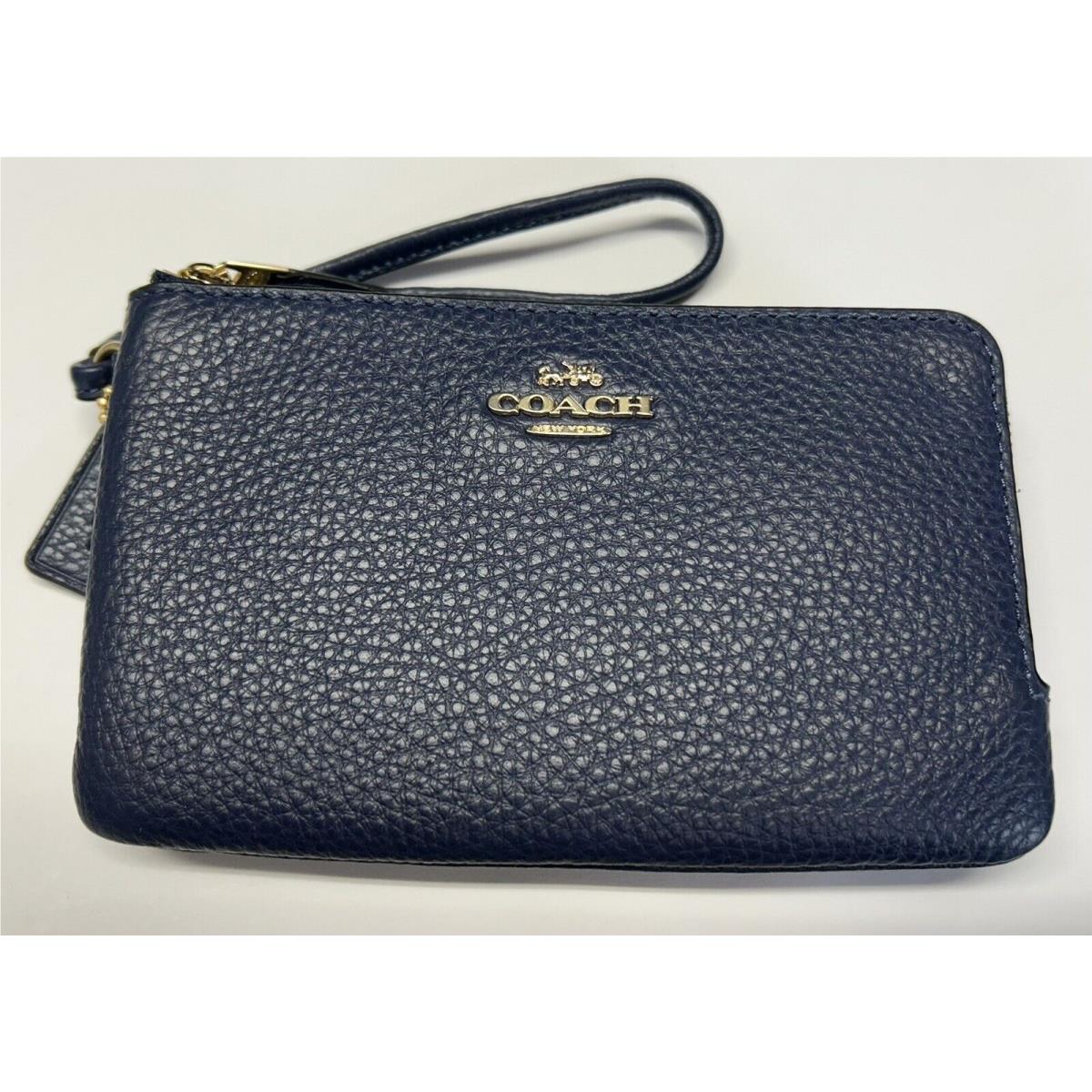 Coach Pebbled Leather Double Corner Zip Blue Wallet Wristlet