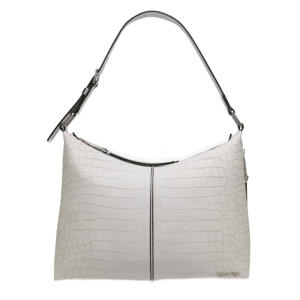 Max Top Zip Hobo Shoulder Bag Dove Grey Sueded Croc One Size by Calvin Klein