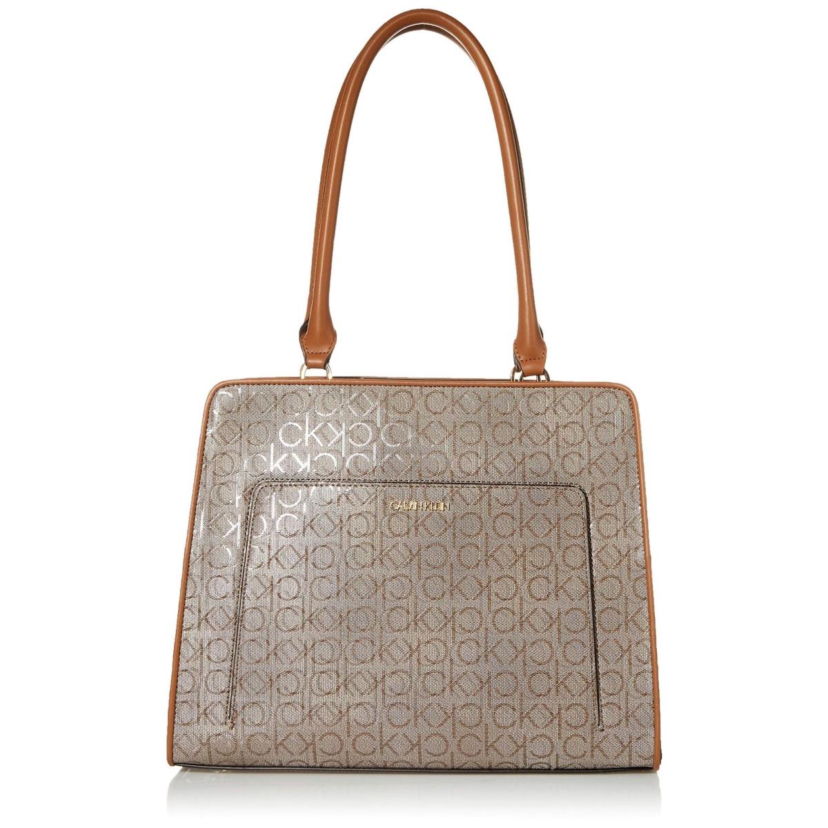 Calvin Klein Margot Textured Logo Tote Almond/taupe/caramel Embossed