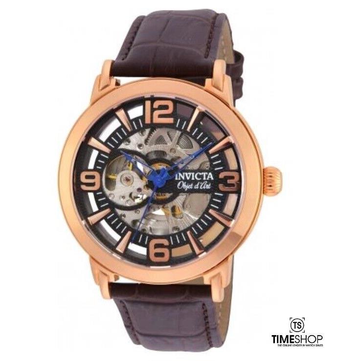 Invicta Objet D Art Skeleton Dial Brown Leather Band Automatic Mens Watch 22609
