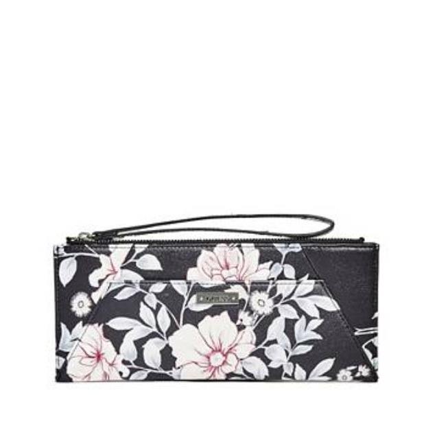 Guess Avery Elongated Wristlet Wallet Purse Zip Around Clutch Floral Print Black