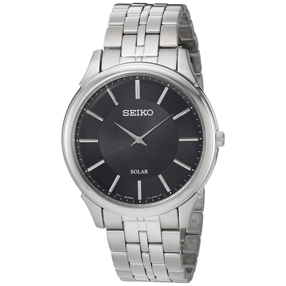 Seiko Men`s Solar Classic Silver Stainless Steel Black Dial Watch SUP865