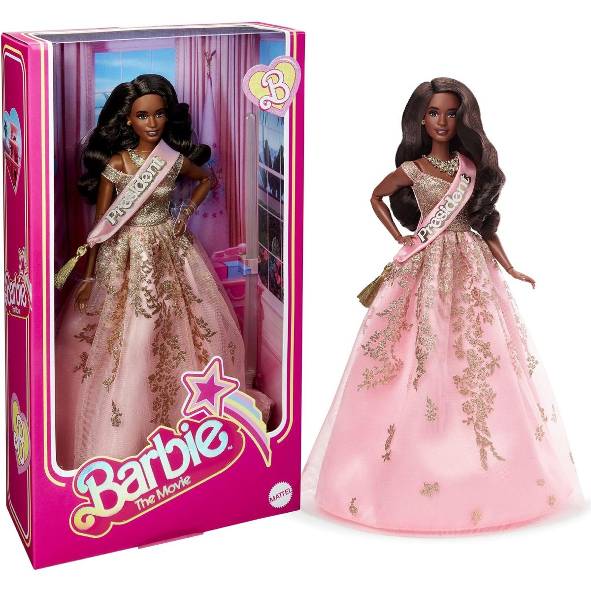 Barbie The Movie Doll President Collectible Wearing Shimmery Pink Gold
