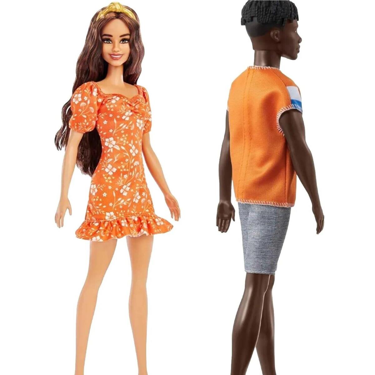 Barbie and Ken 2-Pack Hair Long Wavy Burnette+ Twisted Black Dreads Orange Tee