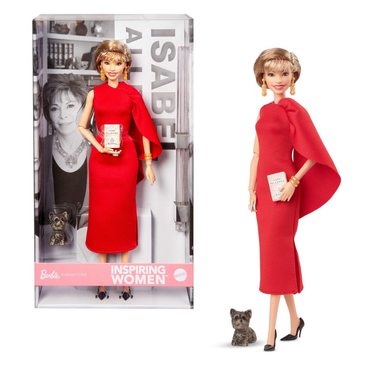 Inspiring Women Isabel Allende Collectible Doll Red Dress Book Accessory Pet