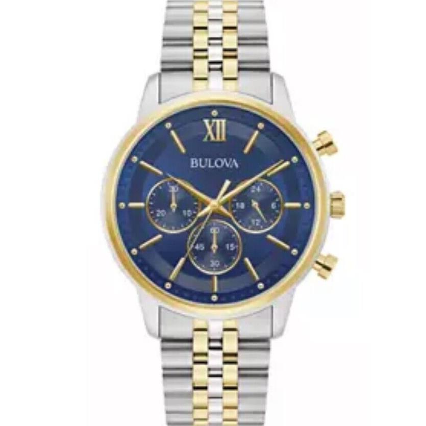Bulova Blue Dial Two-tone Stainless Chronograph Men`s Watch 98A274 Box