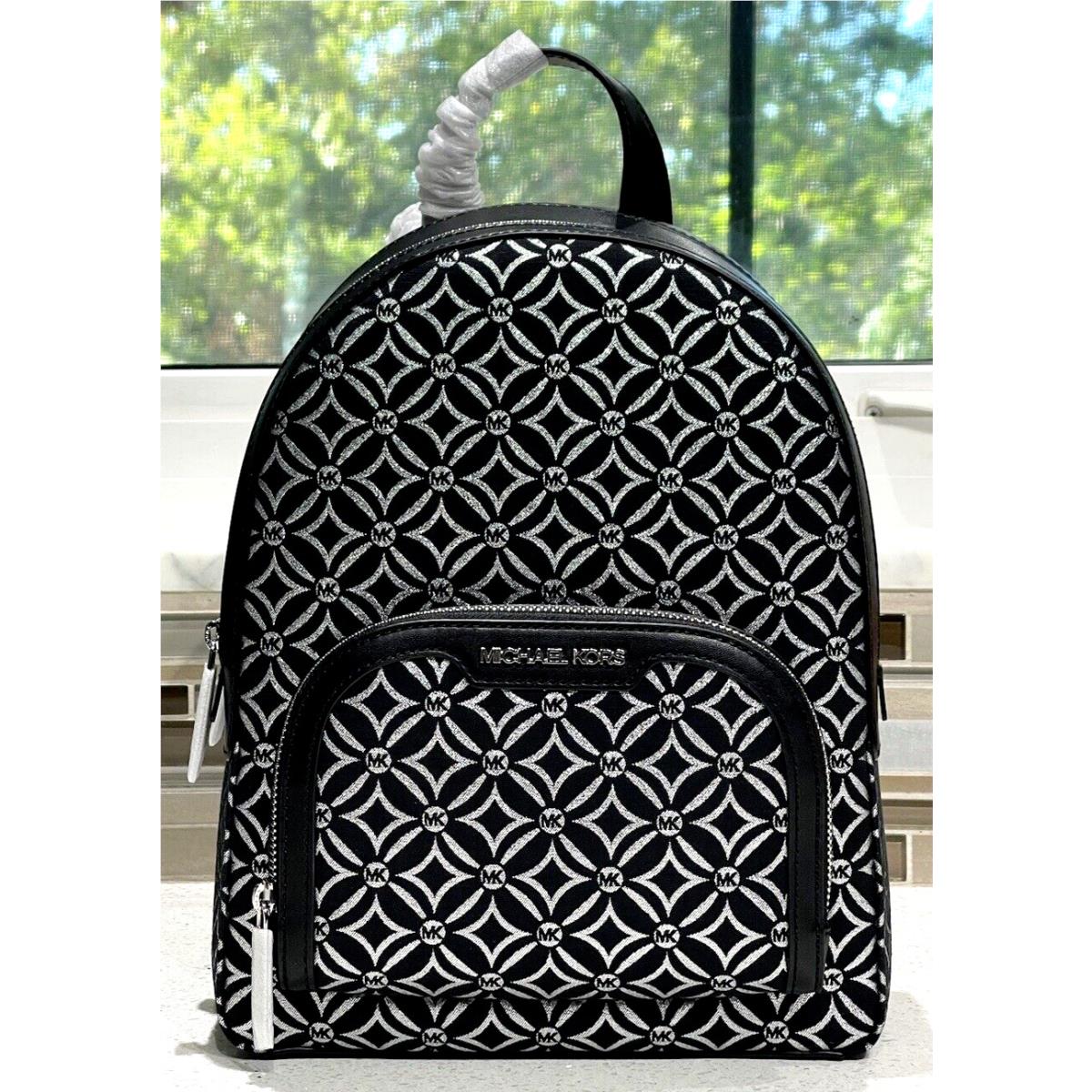 Michael Kors Jaycee Medium Zip Pocket Backpack Tote MK Black Silver Shimmer Logo