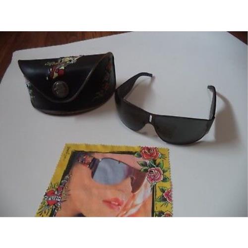 Gunmetal Wrap Around Ed Hardy Sunglasses with Decorative Case and Cleaning Cloth