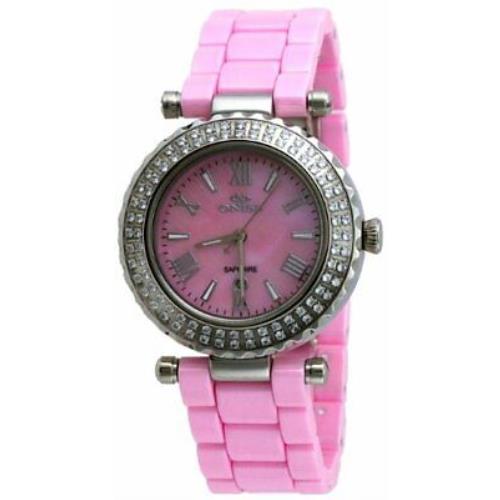 Oniss ON819-L Women`s Stainless Steel Crystal Accented Pink Ceramic Band Watch