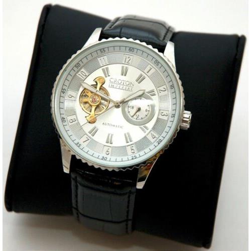 Croton Ci331077 Men`s White Dial Silver Accent Black Leather Automatic Watch