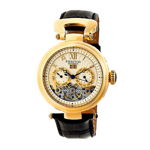 Heritor Automatic Ganzi Semi-skeleton Leather-band Watch - Gold/silver - Dial: Silver, Band: Black, Bezel: Gold