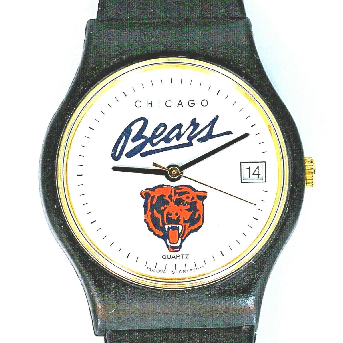 Chicago Bears Nfl Bulova Date Sports Lady Unworn Vintage Watch Black Band