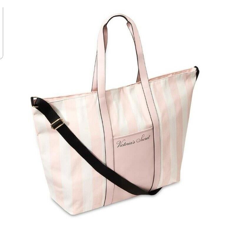 Victoria`s Secret Tote Bag Canvas Pink White Stripes W/big Pocket Long Strap