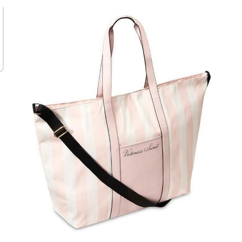 Victoria`s Secret Tote Bag Canvas Pink White Stripes W/big Pocket Long ...