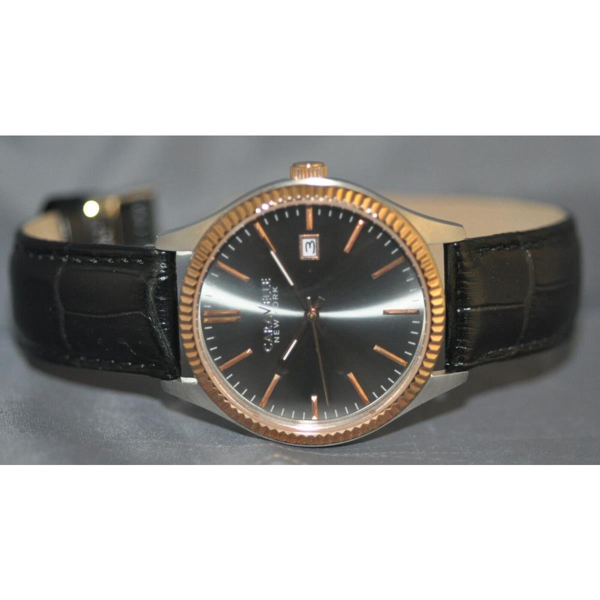 Caravelle York Unisex Grey Dial Black Leather Watch 45B131 - Dial: Gray, Band: Black, Bezel: Rose Gold