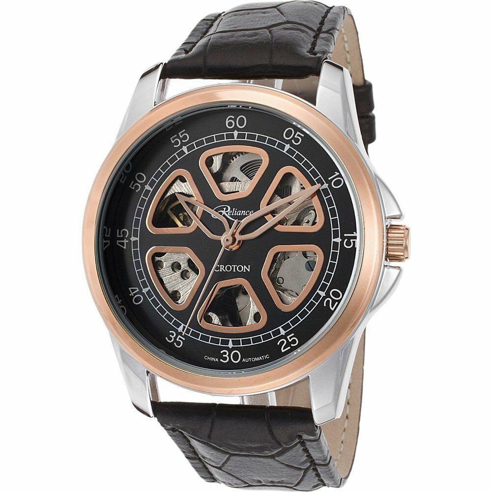Croton Men`s Reliance Automatic Watch Rose Gold Black Leather Skeletonized