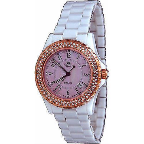Oniss ON6200-LRG Women`s Crystal Accented Pink Mop Dial White Ceramic Watch