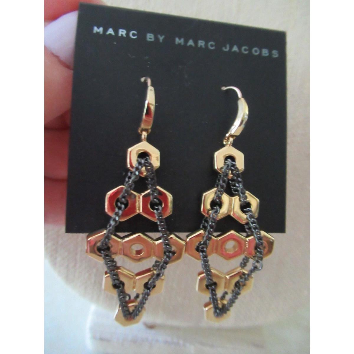 Marc by Marc Jacobs Mixed Metal Drop Earrings/ Hexagon Shapes/ Chain