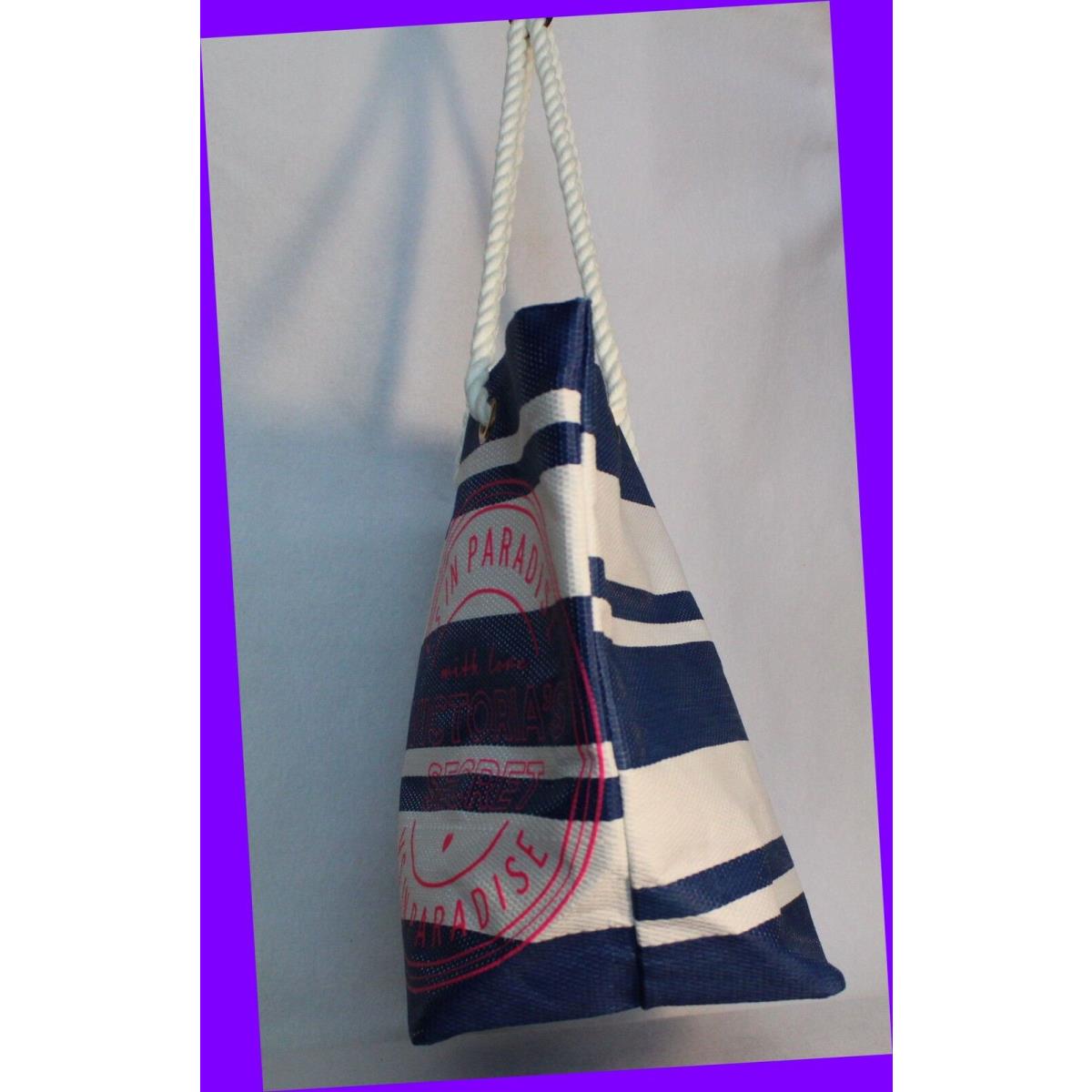 Victoria`s Secret Striped Blue White Canvas Beach Tote Bag w/ Rope Handles