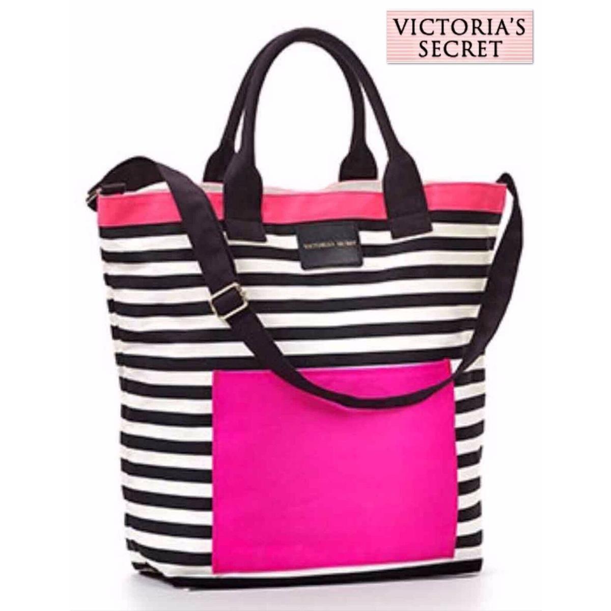W/ Defect Victoria s Secret Island Tote Pink Black Striped Gym Travel Bag