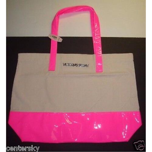 Victoria`s Secret Large Neon Pink Patent Leather Canvas Tote Bag Beach