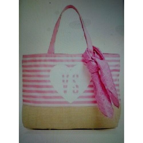 Victorias Secret Ultimate Pink Stripe Beach Tote and Scarf Straw Hand Bag