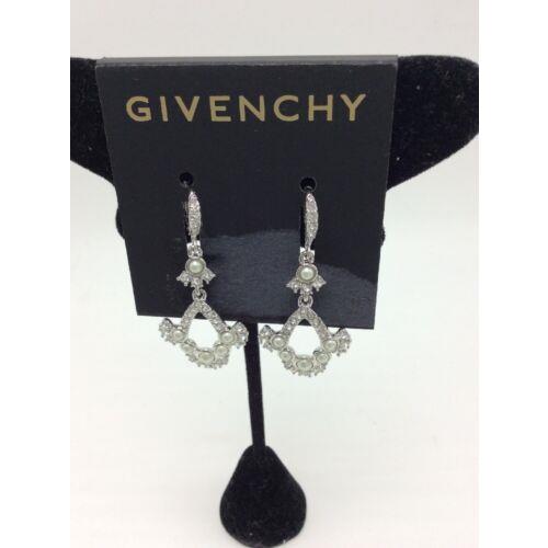 Givenchy Silver Tone Simulated Pearl Crystal Open Drop Earrings V107