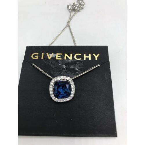 Givenchy Silver Tone Blue Crystal Cushion Pendant Necklace Gs4