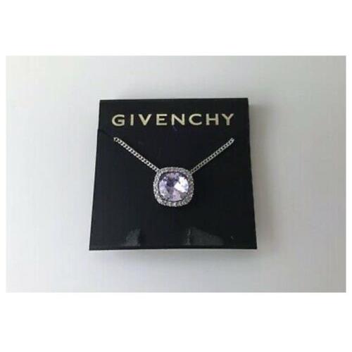 Givenchy Silver Tone Lilaic Crystal Cushion Pendant Necklace JM3e