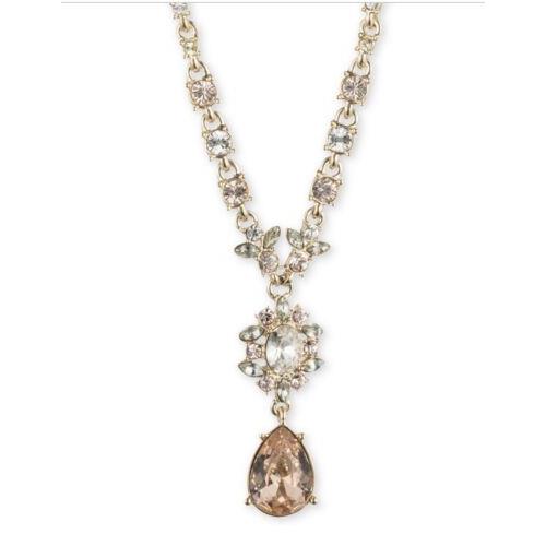 Givenchy Gold Tone Crystal Stone Y Necklace Light Peach Teardrop Stone 719