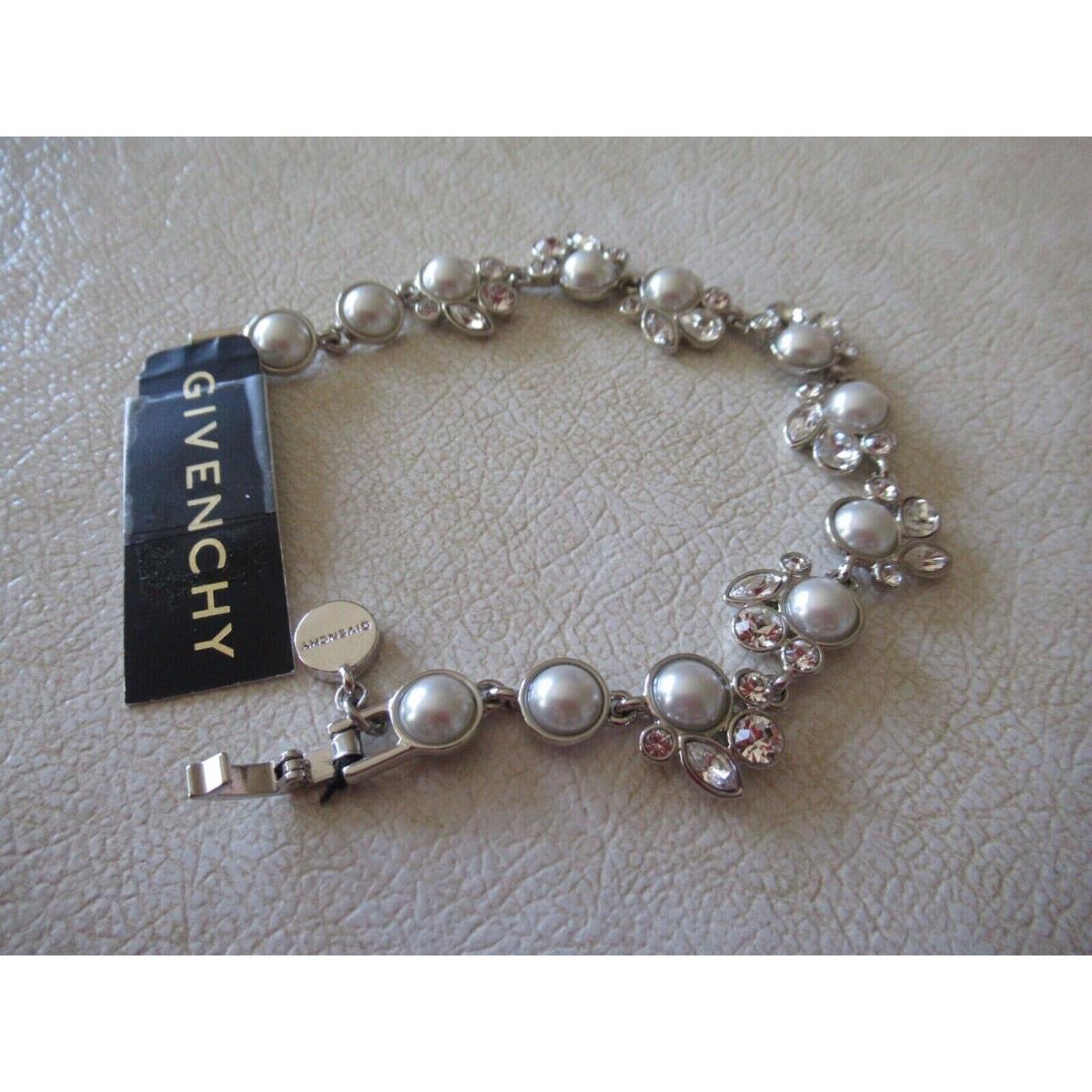 Givenchy Pearl / Clear Stone Silver Tone Bracelet/ Hook In Clasp