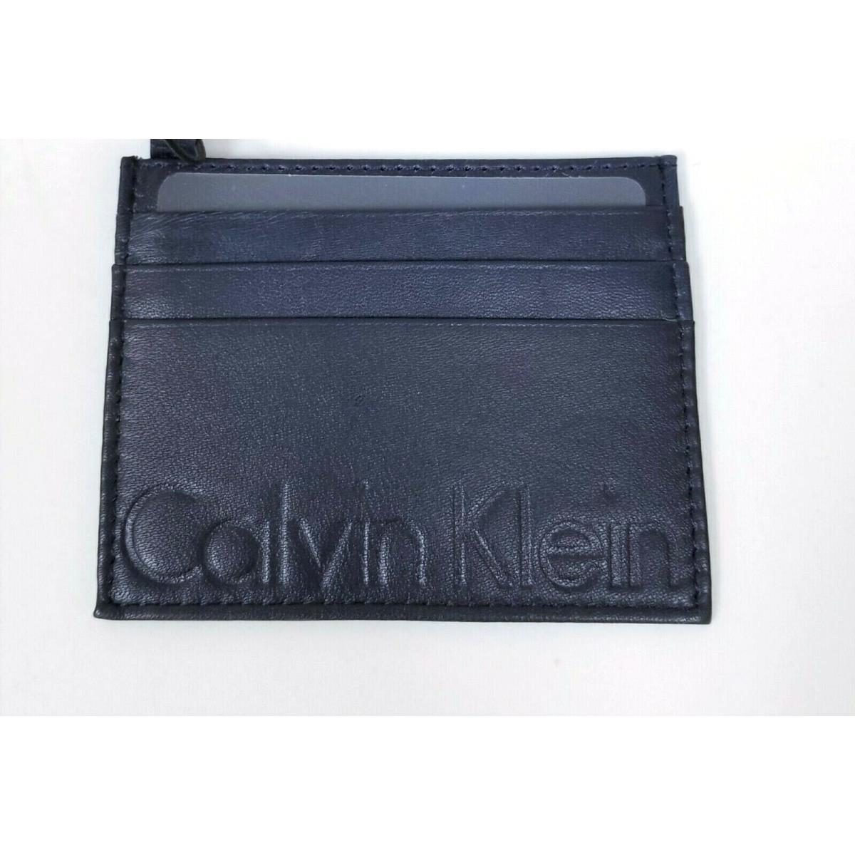 Calvin Klein Soft Navy Blue Leather Logo Men`s Flat Thin Card Case Wallet