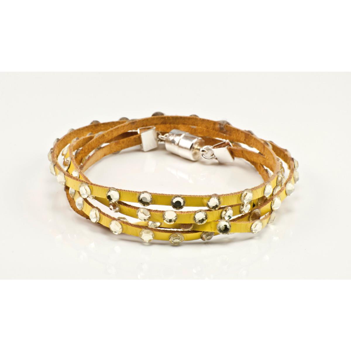 Swarovski Crystal and Leather 5 Wrap Bracelet in Yellow with Clear Crystals